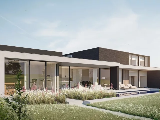 Moderrne villa in gevelsteen architect Noemi Van Heuverswijn by Massimmo Villabouw achtergevel zwembad