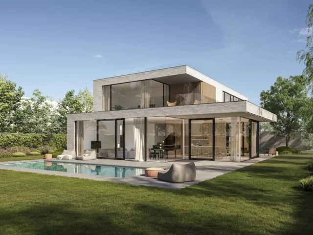 Massimmo Villabouw Moderne villa bouwen te Kortrijk architect Arno Raspoet achtergevel tuin met zwembad
