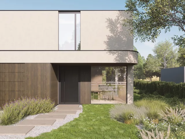 Visualisatie van de inkom van Villa Josephina in Aalst, met luifel en houten gevelbekleding