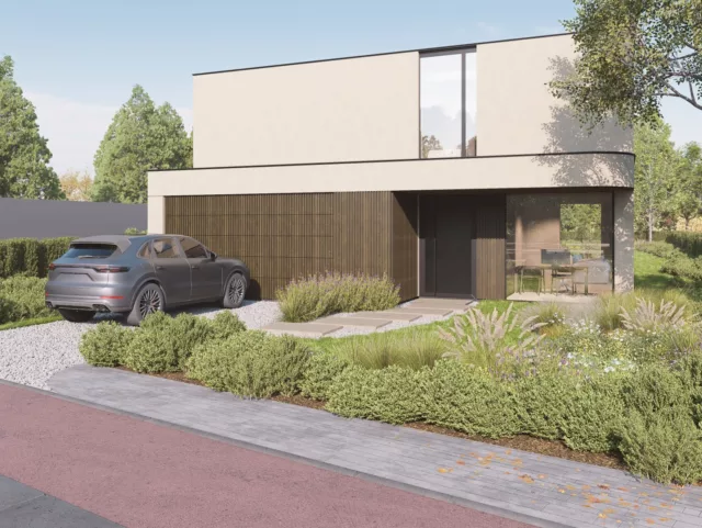 Visualisatie van Villa Josephina vanaf de straat, met oprit en tuinaanleg