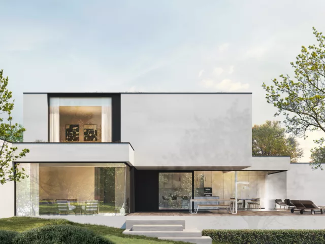 Visualisatie van Villa Celine in Wannegem-Lede, met glazen leefruimte en terras