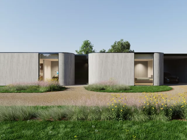 Visualisatie van de voorgevel van bungalow Villa Lena in Merelbeke, met afgeronde volumes